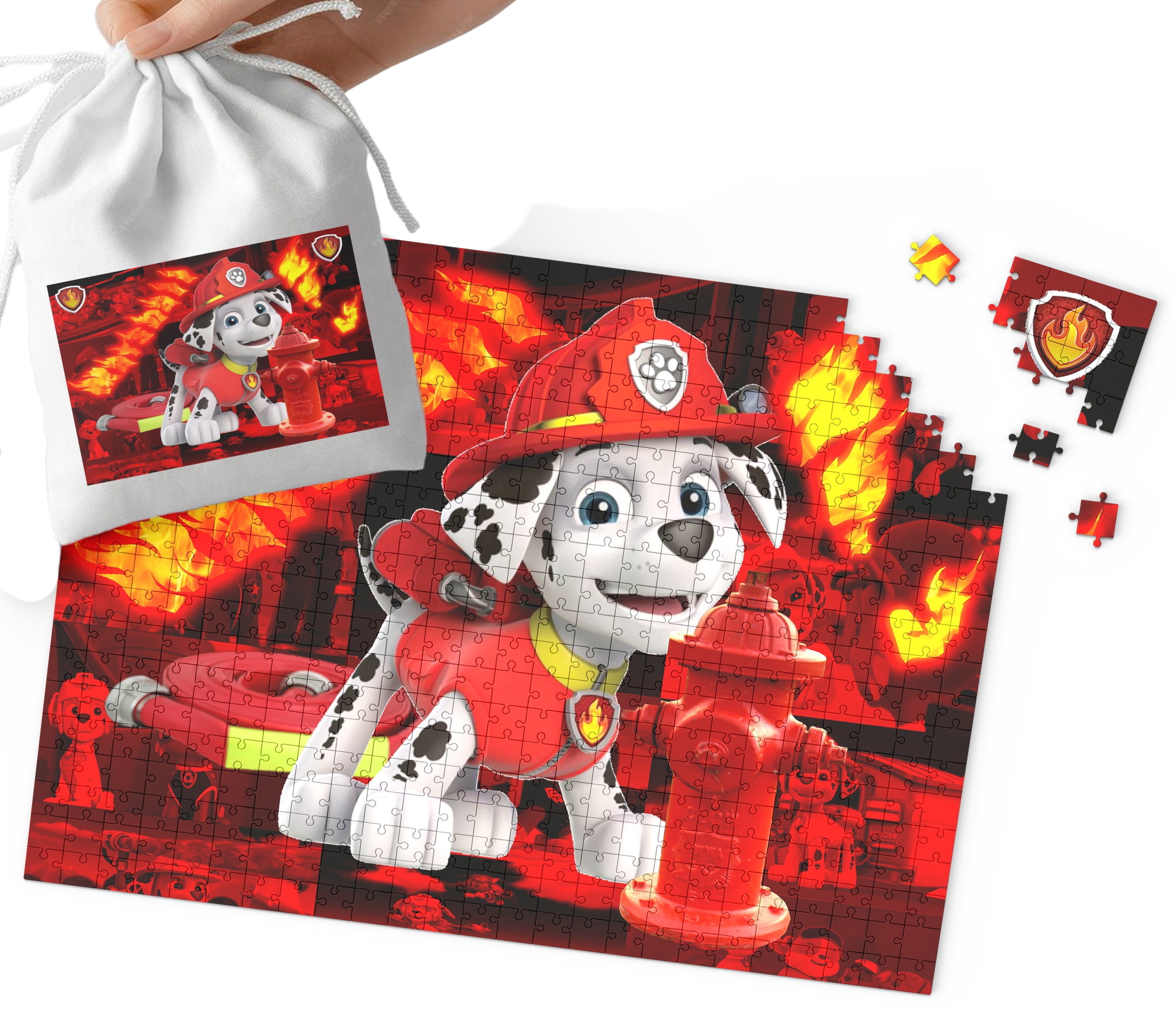 PUZZLE PSI PATROL Marshall WZORY Z BAJEK I GIER DLA DZIECI 96EL + WORECZEK