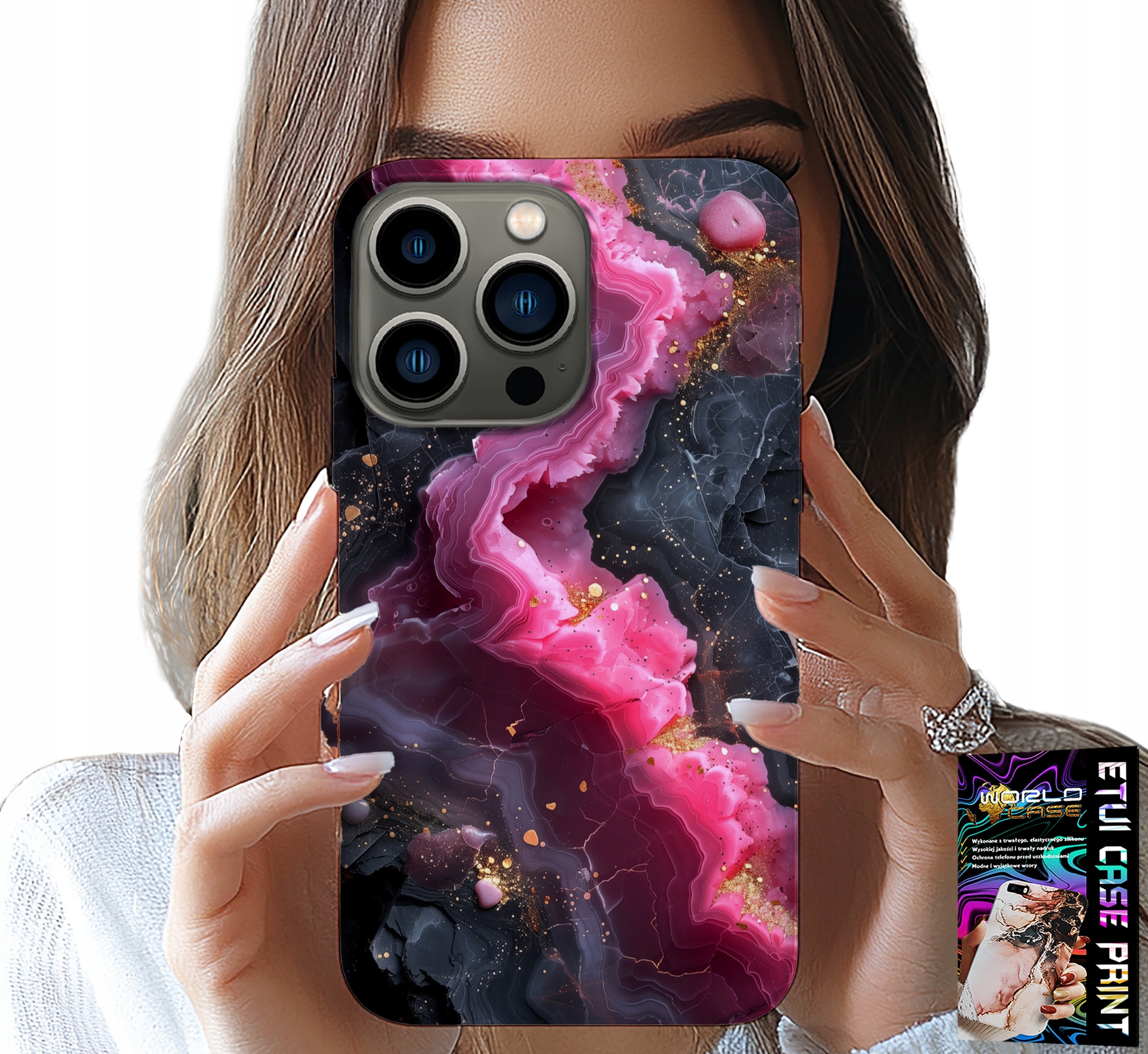 ETUI DO IPHONE 14 PRO - RÓŻOWY MARMUREK PLECKI, MODNE WZORY