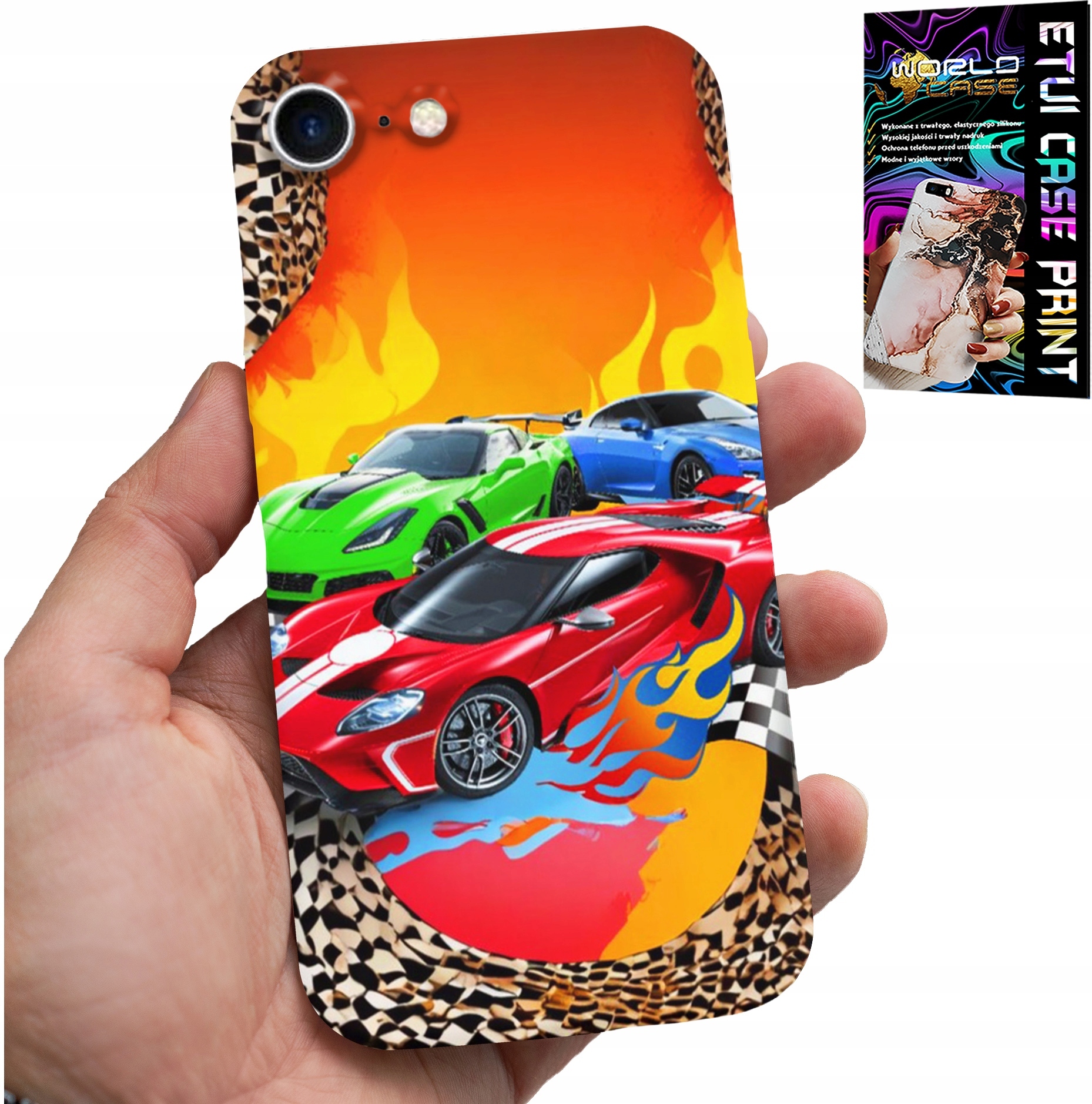 ETUI DO IPHONE 7 / 8 / SE2 - DLA DZIECI, SAMOCHODY WYŚCIGOWE + SZKŁO