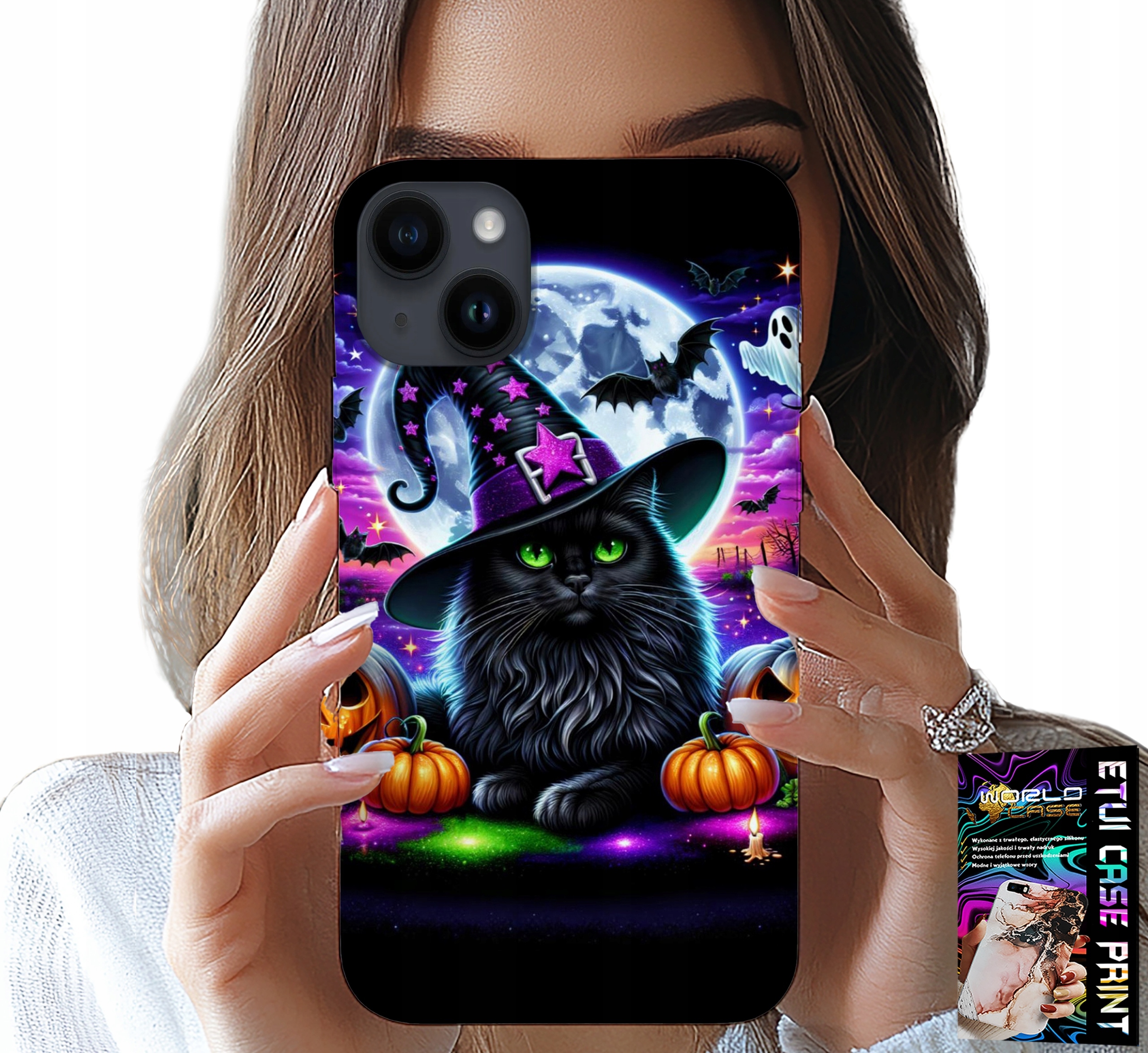 ETUI DO IPHONE 14 PLUS - CZARNY KOTEK HALLOWEEN SALEM DYNIA WZORY