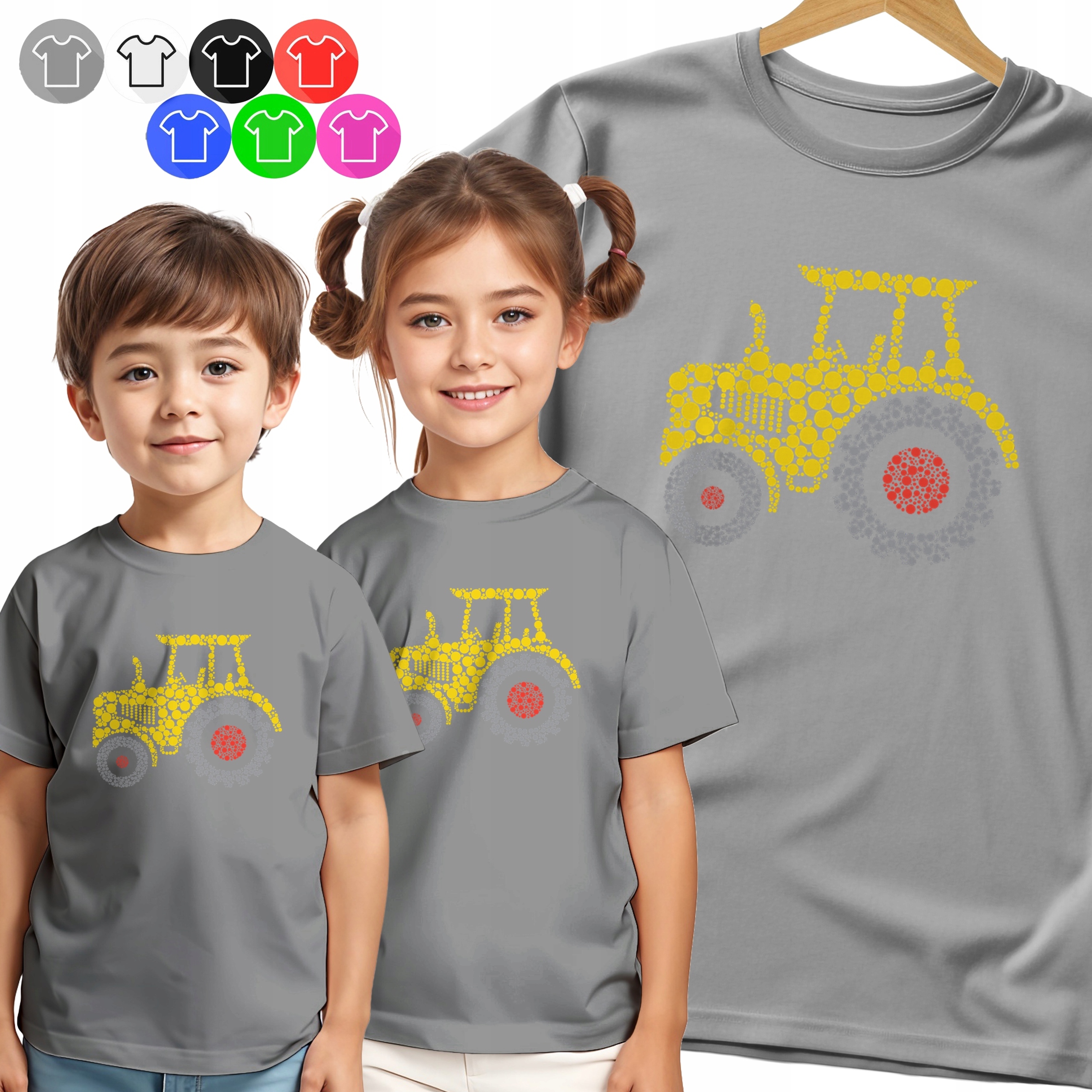 KOSZULKA DZIECIĘCA TSHIRT - KOLOROWE KROPKI TRAKTOR DZIEŃ KROPKI - 122 S