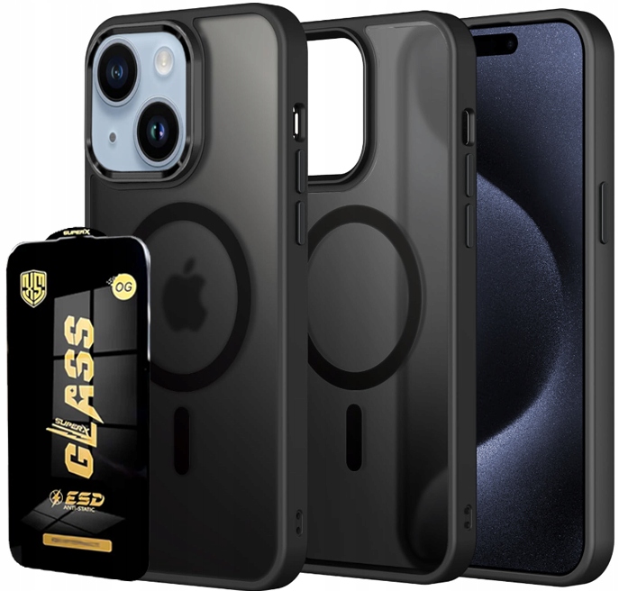 ETUI CZARNE MATOWE MAGSAFE DO Apple iPhone 15 CASE + HQ SZKŁO 9H