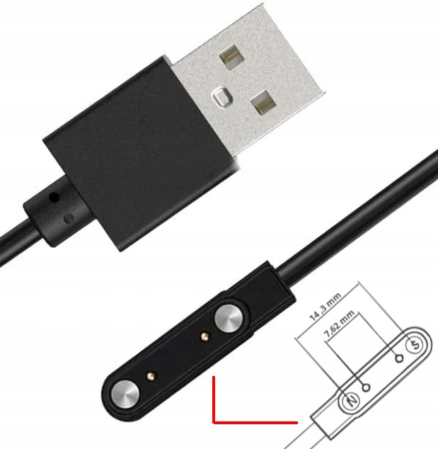ŁADOWARKA MAGNETYCZNA KABEL 60CM USB DO SMARTWATCHA 7,62MM - 2 PINY