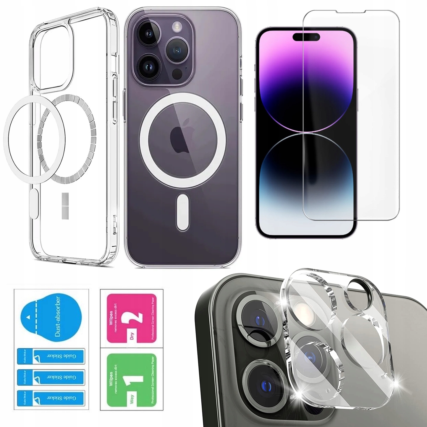 ZESTAW 3w1 ETUI MAGSAFE DO iPhone 16 Pro Max CLEAR SHOCK CASE SZKŁO WYSPA
