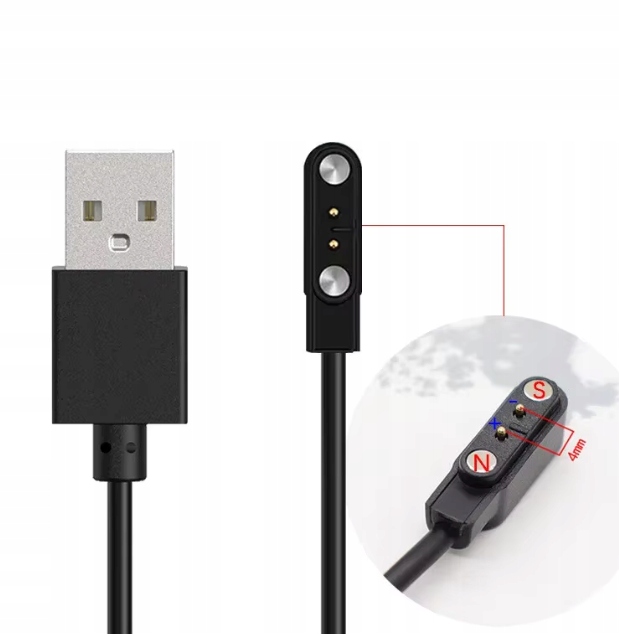 ŁADOWARKA MAGNETYCZNA KABEL 60CM USB DO SMARTWATCHA 4MM - 2 PINY
