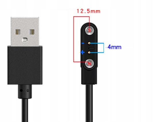 ŁADOWARKA MAGNETYCZNA KABEL 60CM USB DO SMARTWATCHA 4MM - 2 PINY - obrazek 3