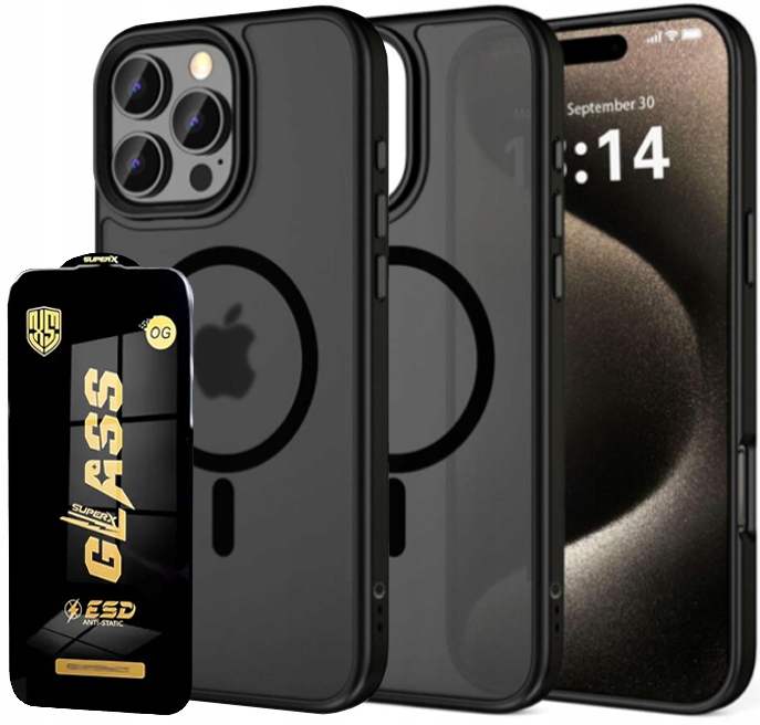 ETUI CZARNE MATOWE MAGSAFE DO Apple iPhone 16 Pro CASE + HQ SZKŁO 9H