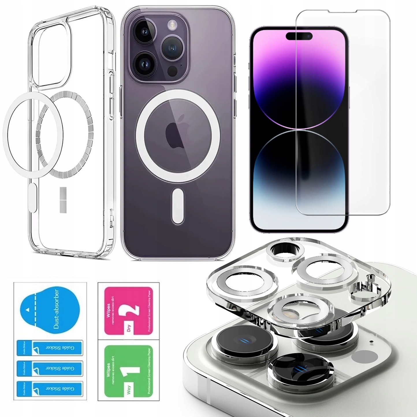 ZESTAW 3w1 ETUI MAGSAFE DO iPhone 15 Pro CLEAR SHOCK CASE SZKŁO WYSPA
