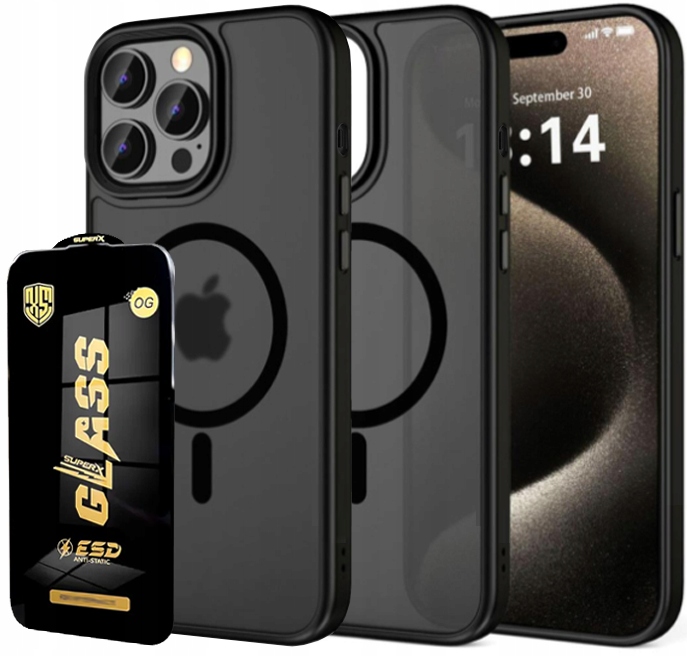 ETUI CZARNE MATOWE MAGSAFE DO Apple iPhone 15 Pro CASE + HQ SZKŁO 9H