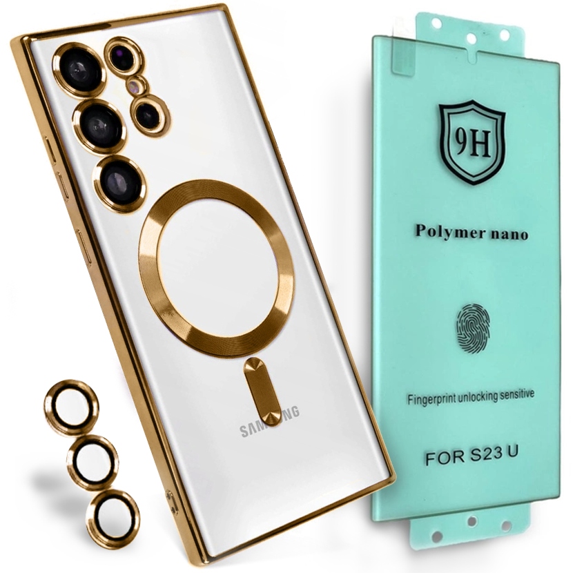 METALICZNE ETUI OBUDOWA MAGSAFE DO SAMSUNG S23 ULTRA CASE ZŁOTY + POLIMER