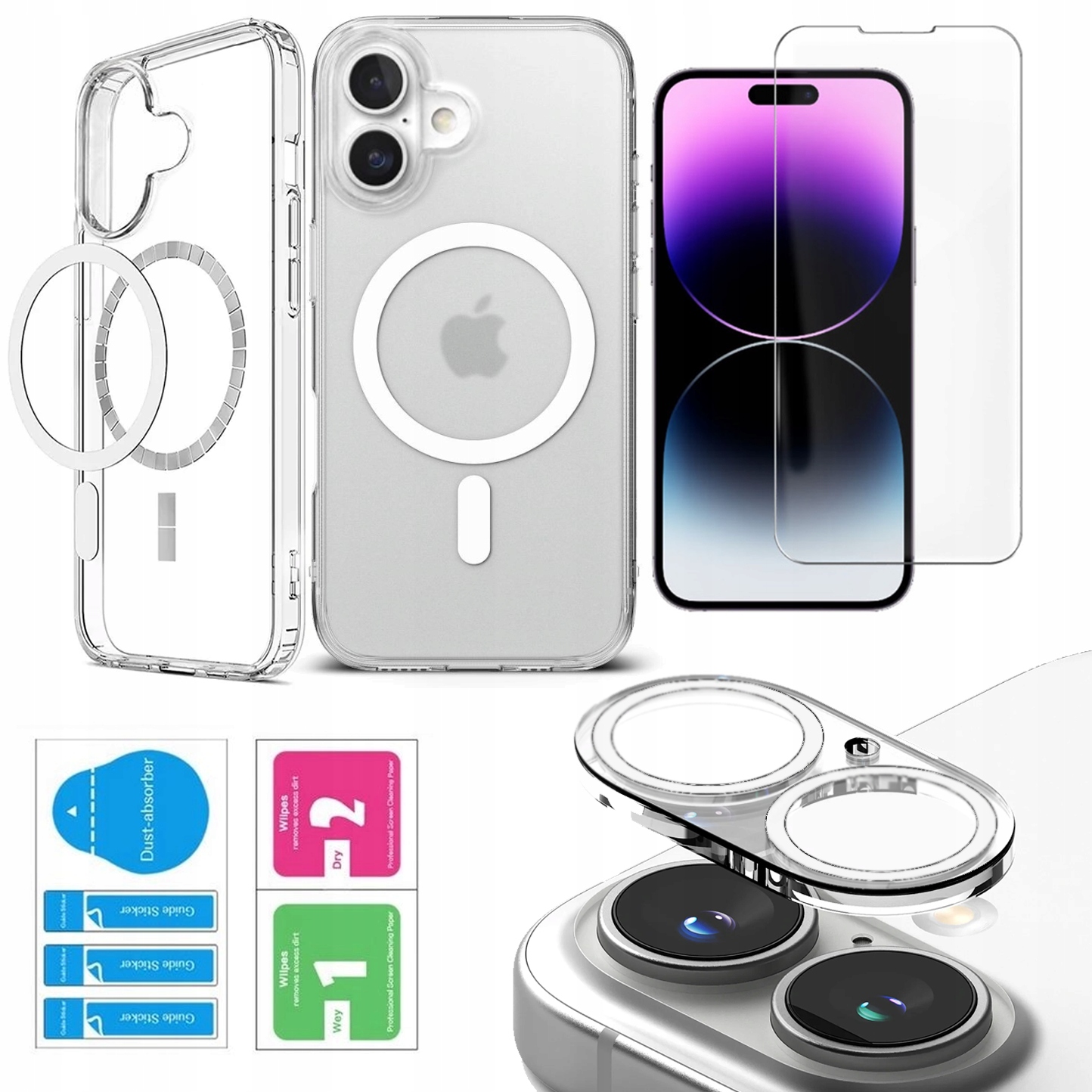 ZESTAW 3w1 ETUI MAGSAFE DO iPhone 16 CLEAR SHOCK CASE SZKŁO WYSPA