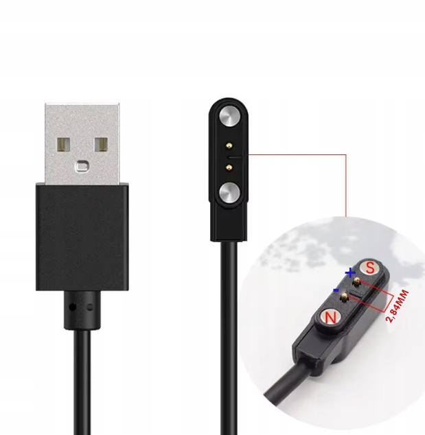 ŁADOWARKA MAGNETYCZNA KABEL 60CM USB DO SMARTWATCHA 2,84MM - 2 PINY UNIWERS