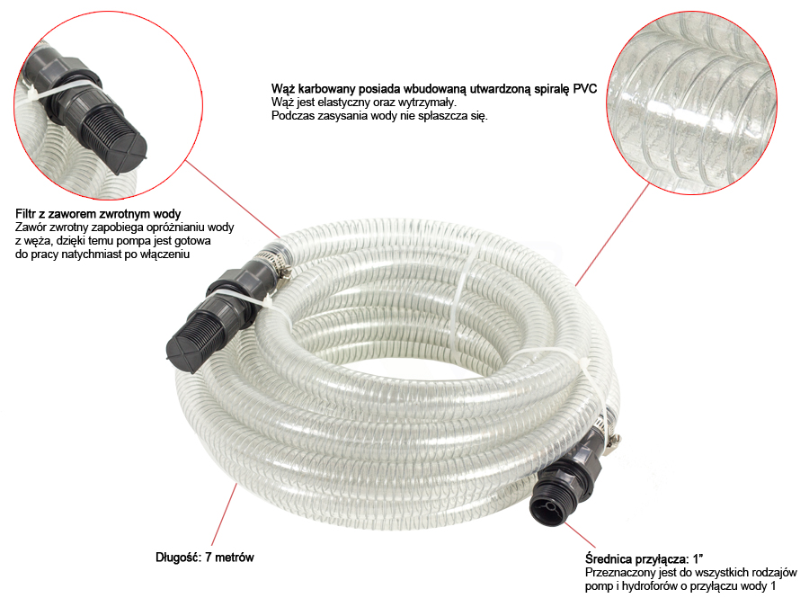 WĄŻ SSĄCY Z ZAWOREM ZWROTNYM DO POMP WODNYCH 7 METRÓW NAC H7-L ZŁĄCZE 1"