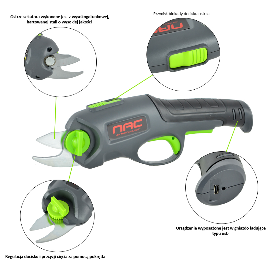 AKUMULATOROWY SEKATOR DO CIĘCIA GAŁĘZI NAC PRB36-B15-JN 800 CIĘĆ NA 1 ŁADOW