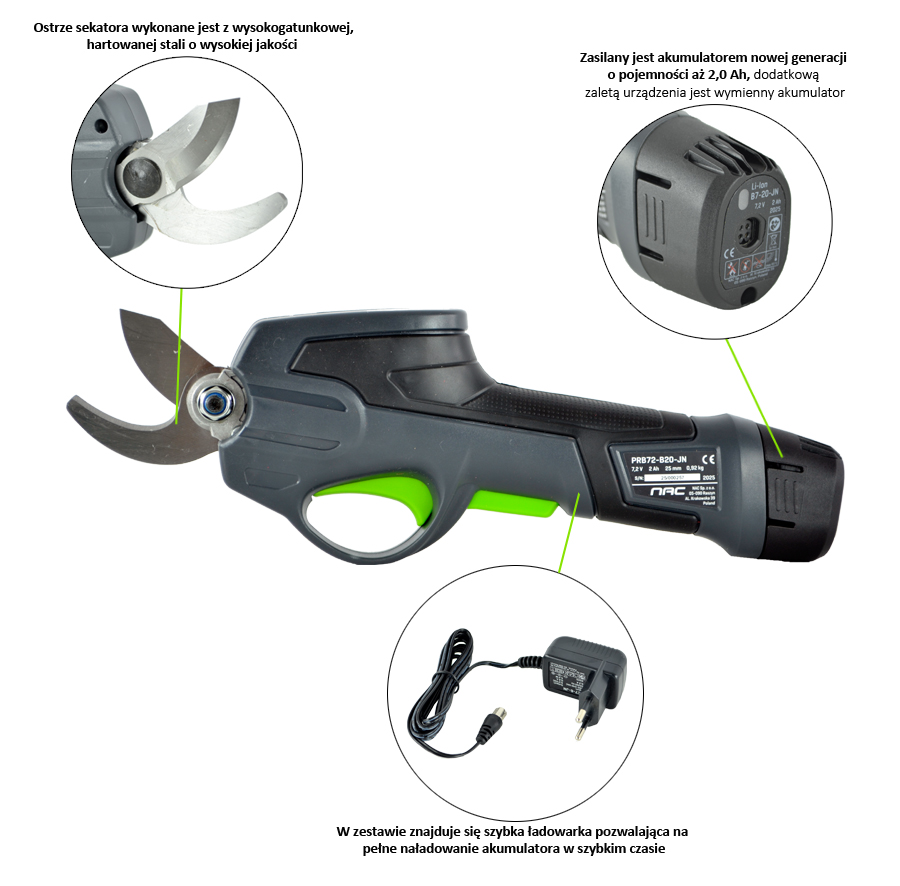 AKUMULATOROWY SEKATOR DO CIĘCIA GAŁĘZI NAC PRB72-B20-JN 7.2 V CIĘCIE 25 MM
