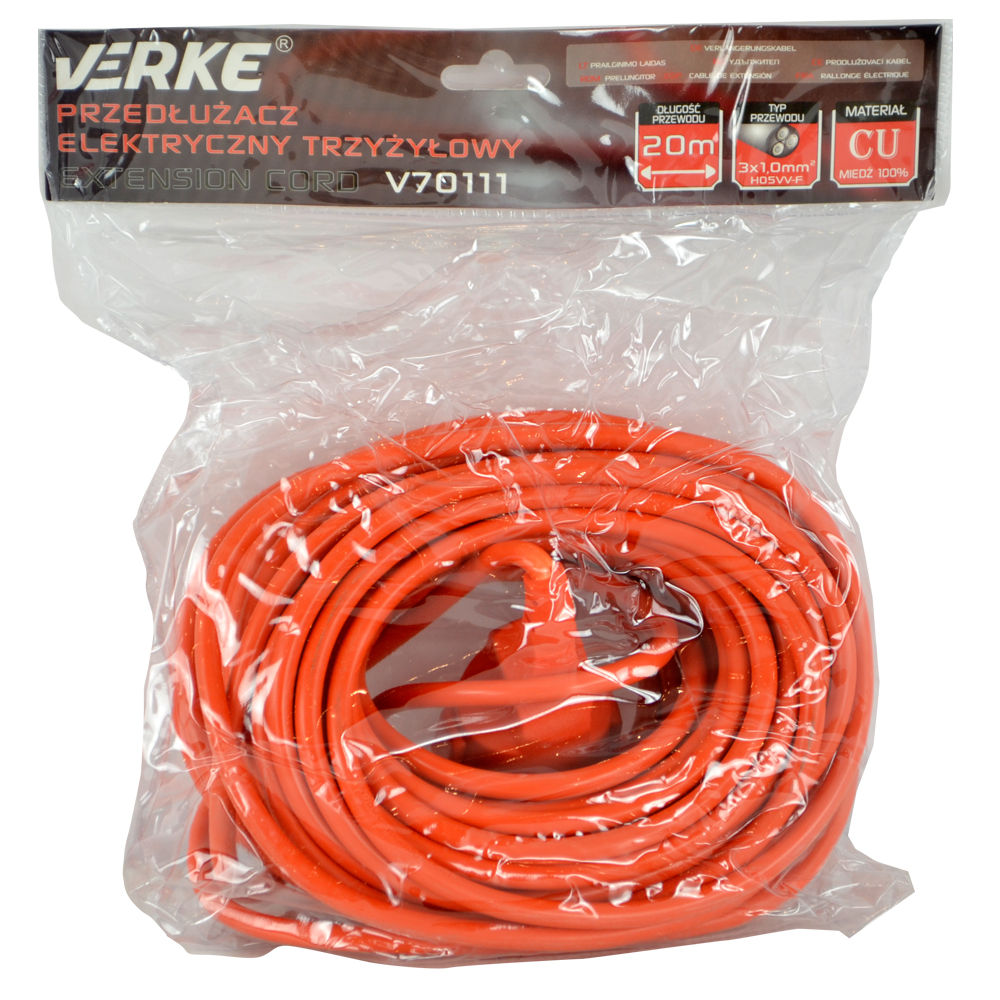 PRZEDŁUŻACZ DO KOSIAREK I INNYCH URZĄDZEŃ VERKE 20 MB Z UZIEMIENIEM GRUBY