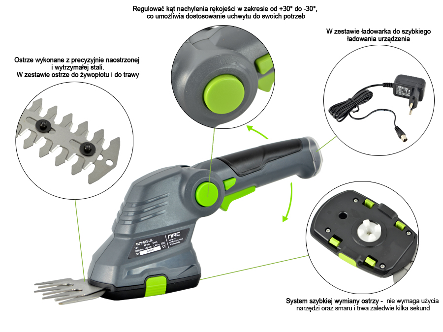 NOŻYCE AKUMULATOROWE DO TRAWY I KRZEWÓW NAC TA 72-B15-JN 7.2 V 2 OSTRZA