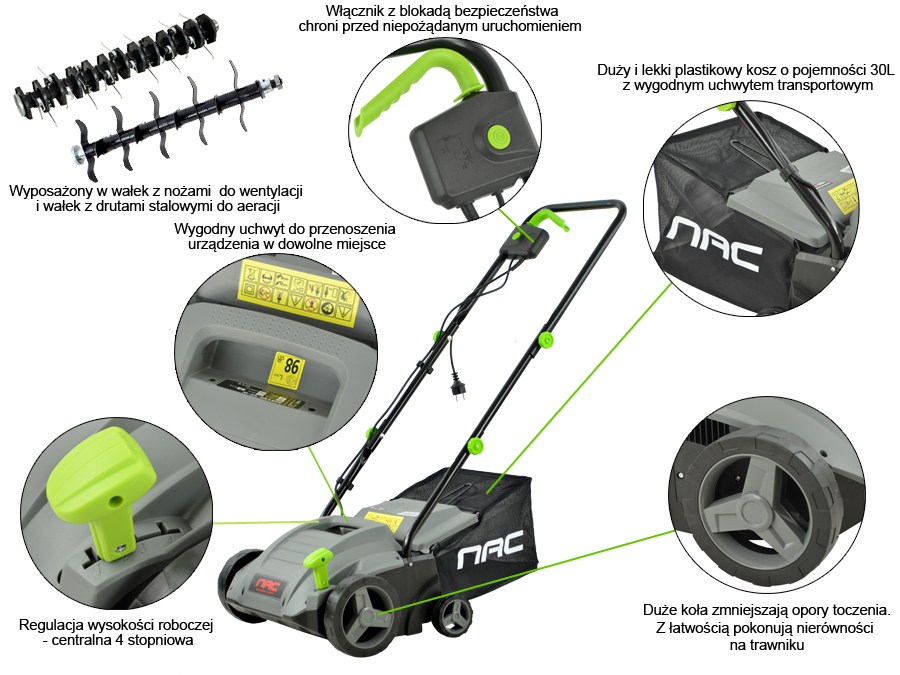 WERTYKULATOR AERATOR NAC SCE150-32-W 1500 W 2 WAŁKI SZER. 32 CM 2 FUNKCJE