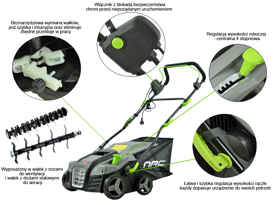 WERTYKULATOR AERATOR NAC SCE200-40-W 2000 W 2 WAŁKI SZER. 40 CM 2 FUNKCJE