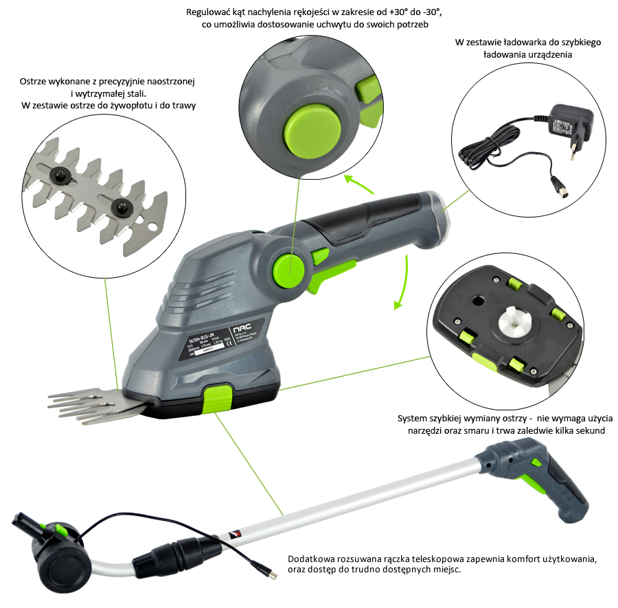 NOŻYCE AKUMULATOROWE DO TRAWY I KRZEWÓW NAC TA 72H-B15-JN 7.2 V + UCHWYT