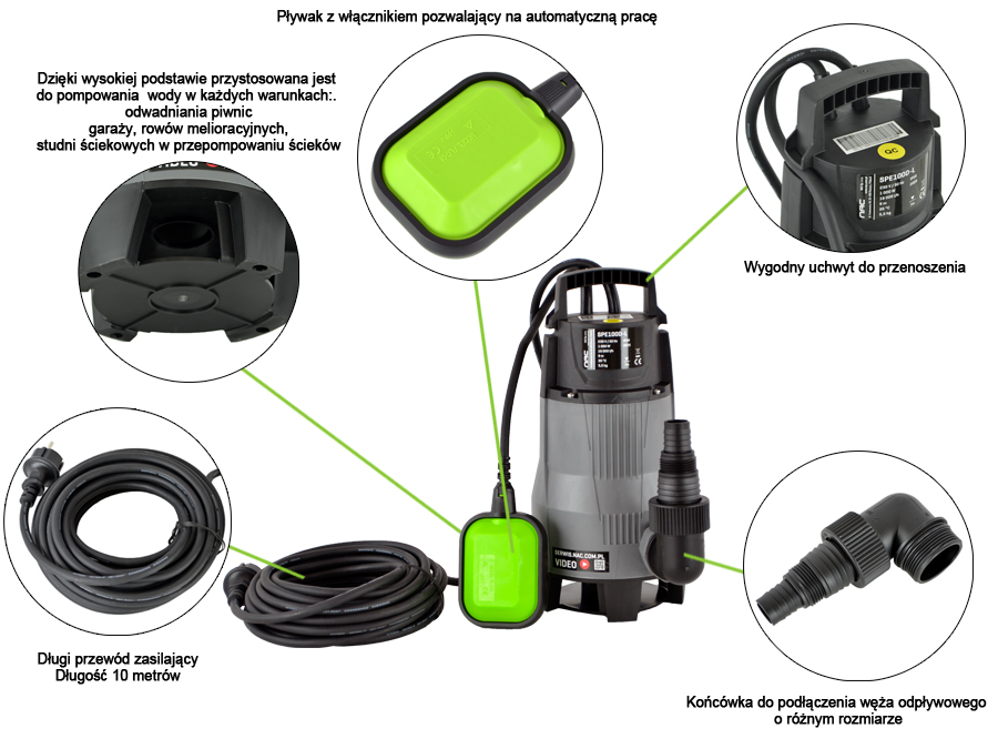 POMPA ZATAPIALNA DO BRUDNEJ WODY NAC SPE 100D-L MOC 1000 W 16 000 LITR/h