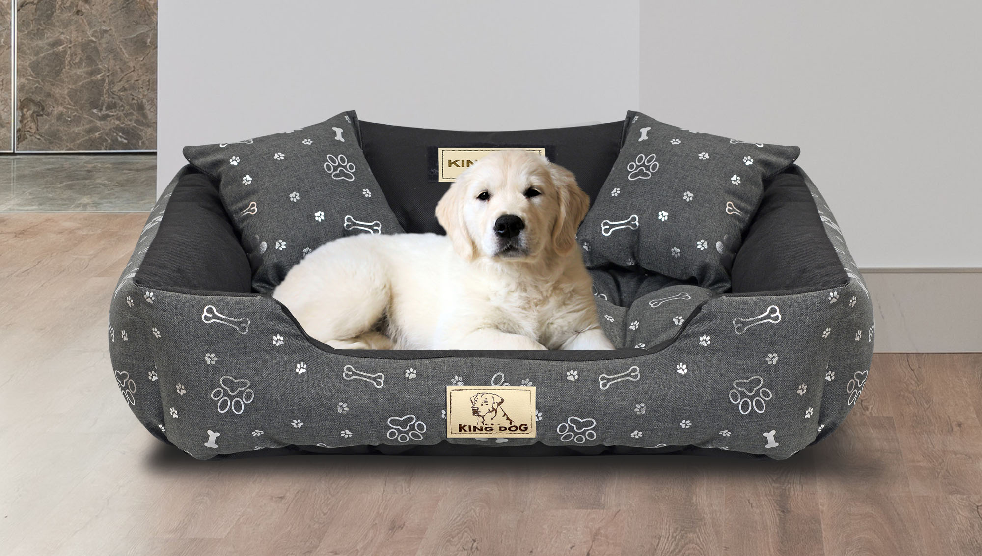 Legowisko dla psa kojec KINGDOG 75x65 cm wodoodporne kości srebrne