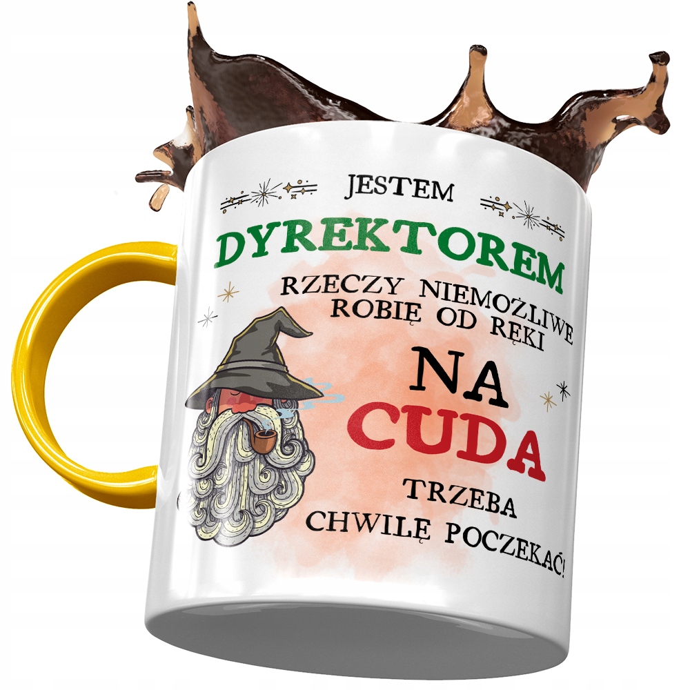 Kubek Żółty Dla Dyrektora Na Cuda Trzeba Poczekać Z Nadrukiem Ze Zdjęciem