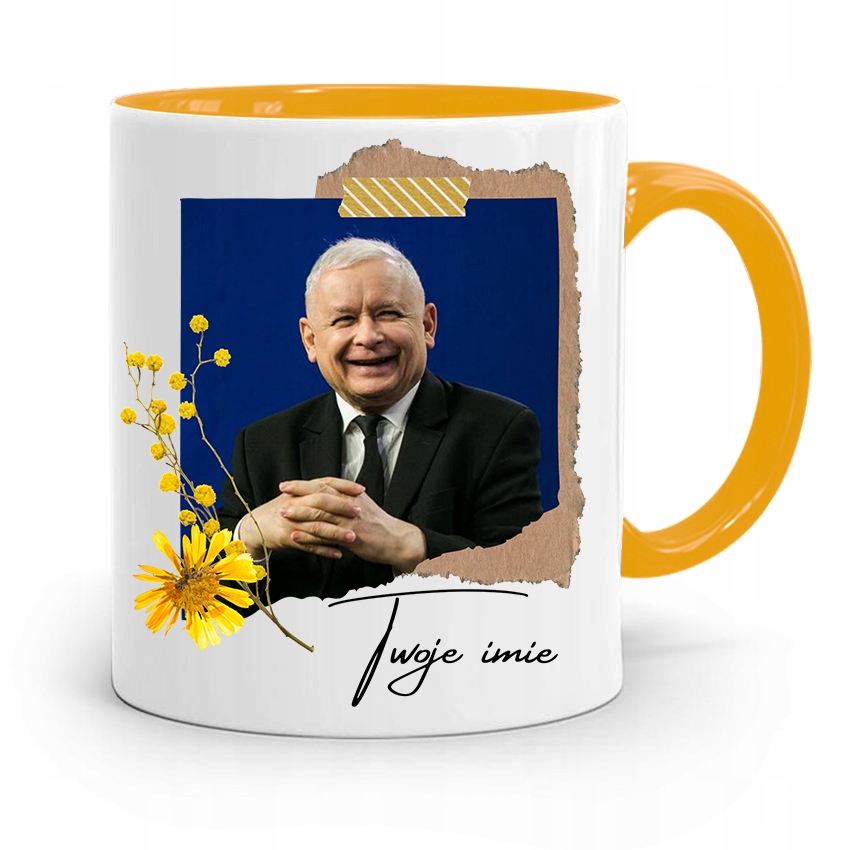 Kubek Żółty Prezent Prezesa Jarosław Kaczyński Pis Z Nadrukiem Ze Zdjęciem