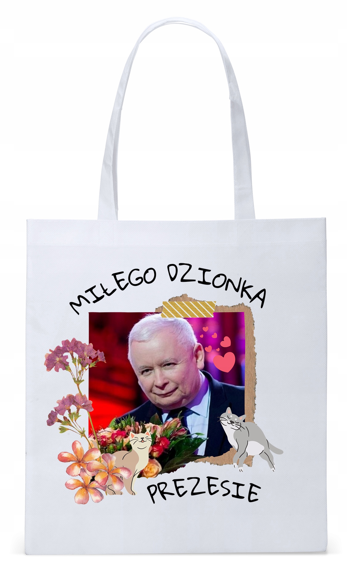 Śmieszny Pis Kaczyński Torba Eco Biała Shopper Z Nadrukiem Ze Zdjęciem