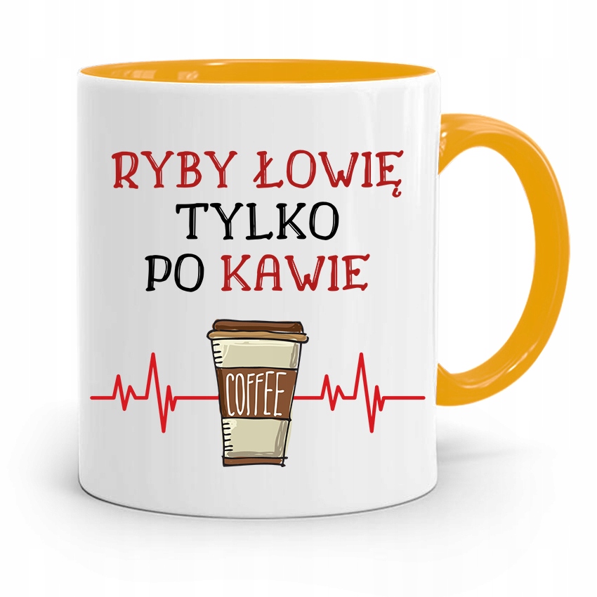 Kubek Żółty Wędkarza Ryby Łowię Tylko Po Kawie Z Nadrukiem Ze Zdjęciem