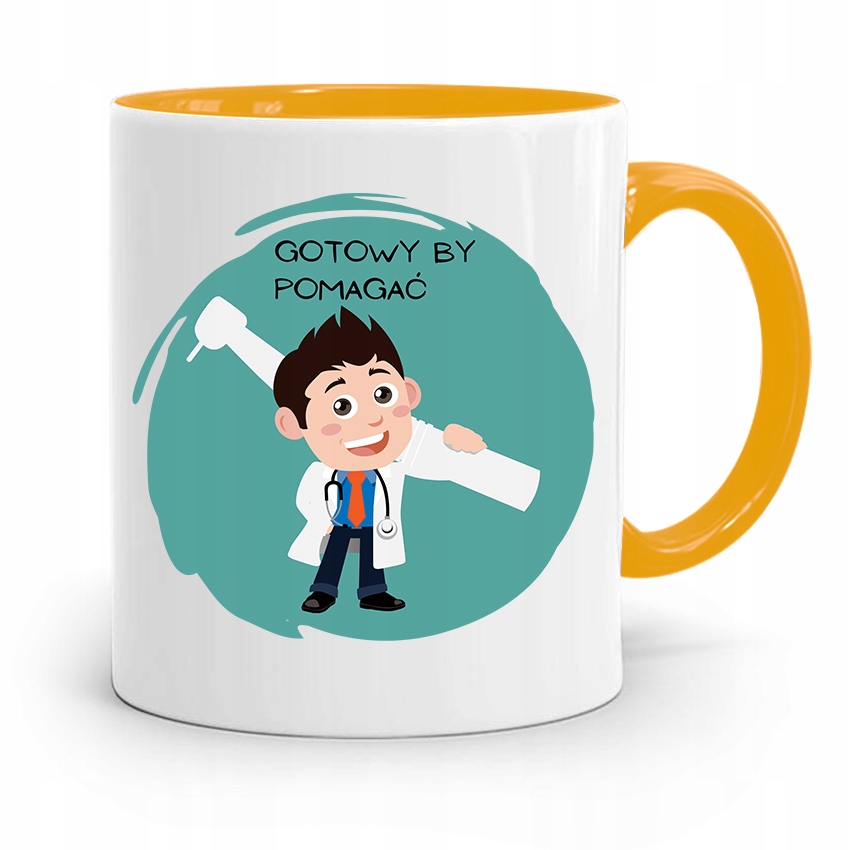 Kubek Żółty Prezent Dentysty Gotowy By Pomagać Z Nadrukiem Ze Zdjęciem