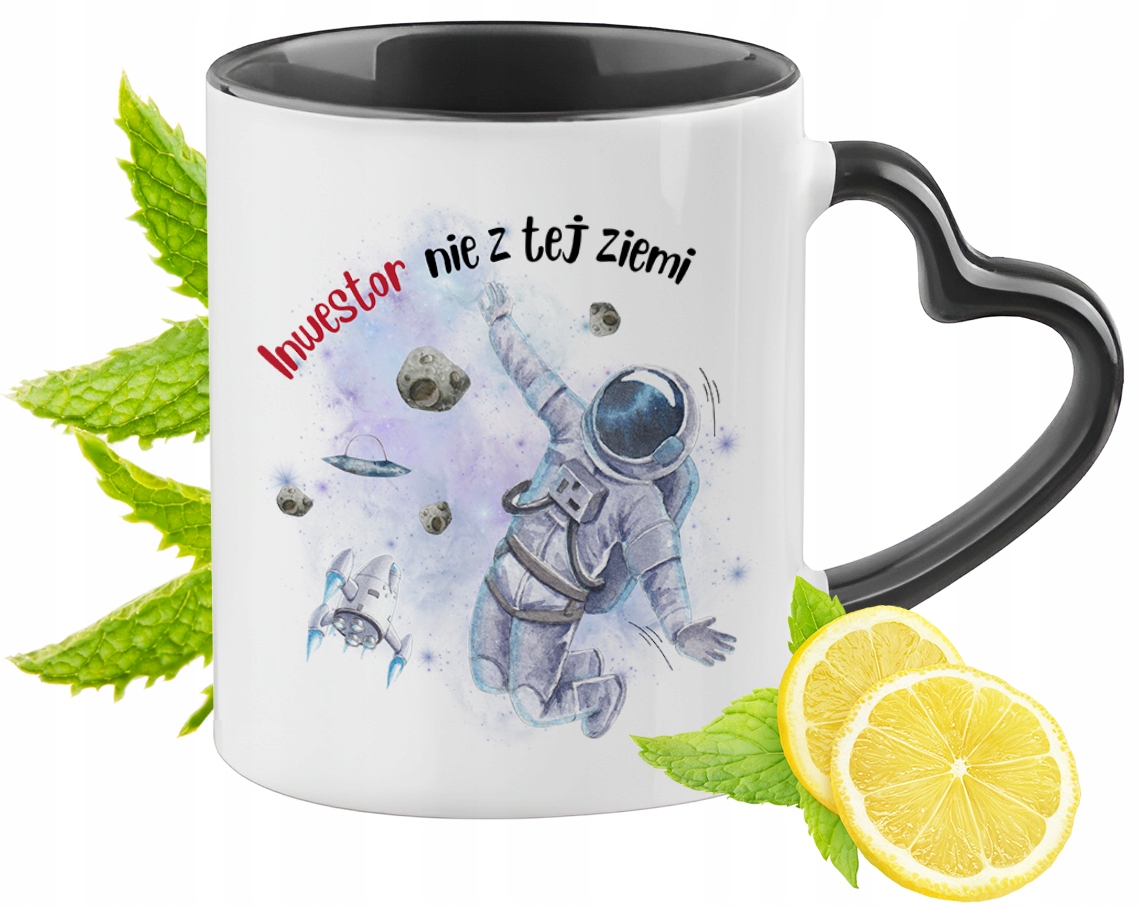 Kubek Czarny Z Uszkiem W Kształcie Serca Dla Inwestora Na Prezent