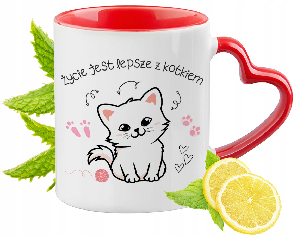 Kot Kotki Kubek Czerwony Z Uszkiem W Kształcie Serca Na Prezent