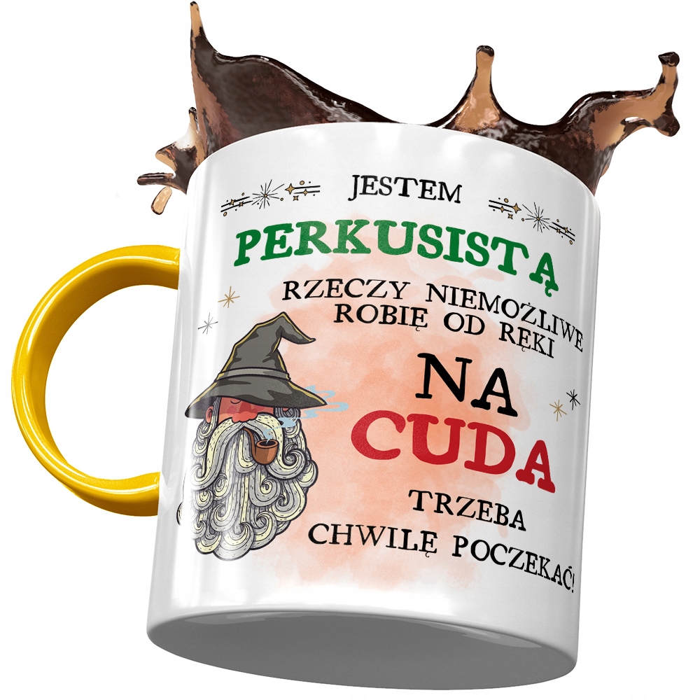 Kubek Żółty Dla Perkusisty Na Cuda Trzeba Poczekać Z Nadrukiem Ze Zdjęciem