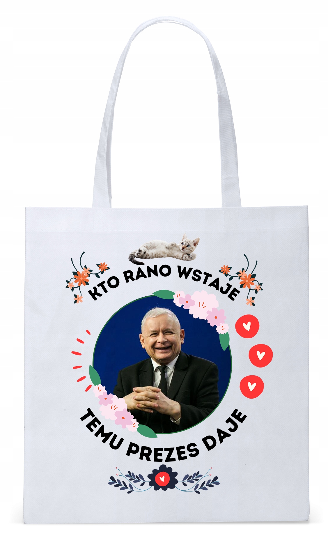 Śmieszny Pis Kaczyński Torba Eco Biała Shopper Z Nadrukiem Ze Zdjęciem