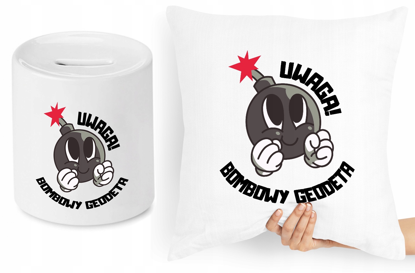 Dla Geodety Zestaw Poduszka + Skarbonka Prezent Z Nadrukiem Ze Zdjęciem