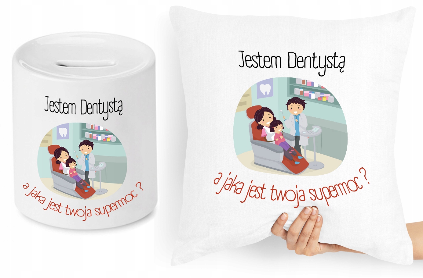 Dla Dentysty Zestaw Poduszka + Skarbonka Prezent Z Nadrukiem Ze Zdjęciem