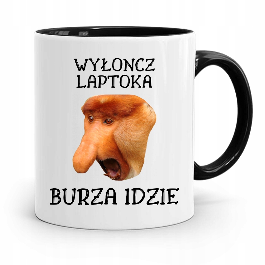 Kubek Czarny Nosacz Janusz Wyloncz Laptoka Z Nadrukiem Ze Zdjęciem