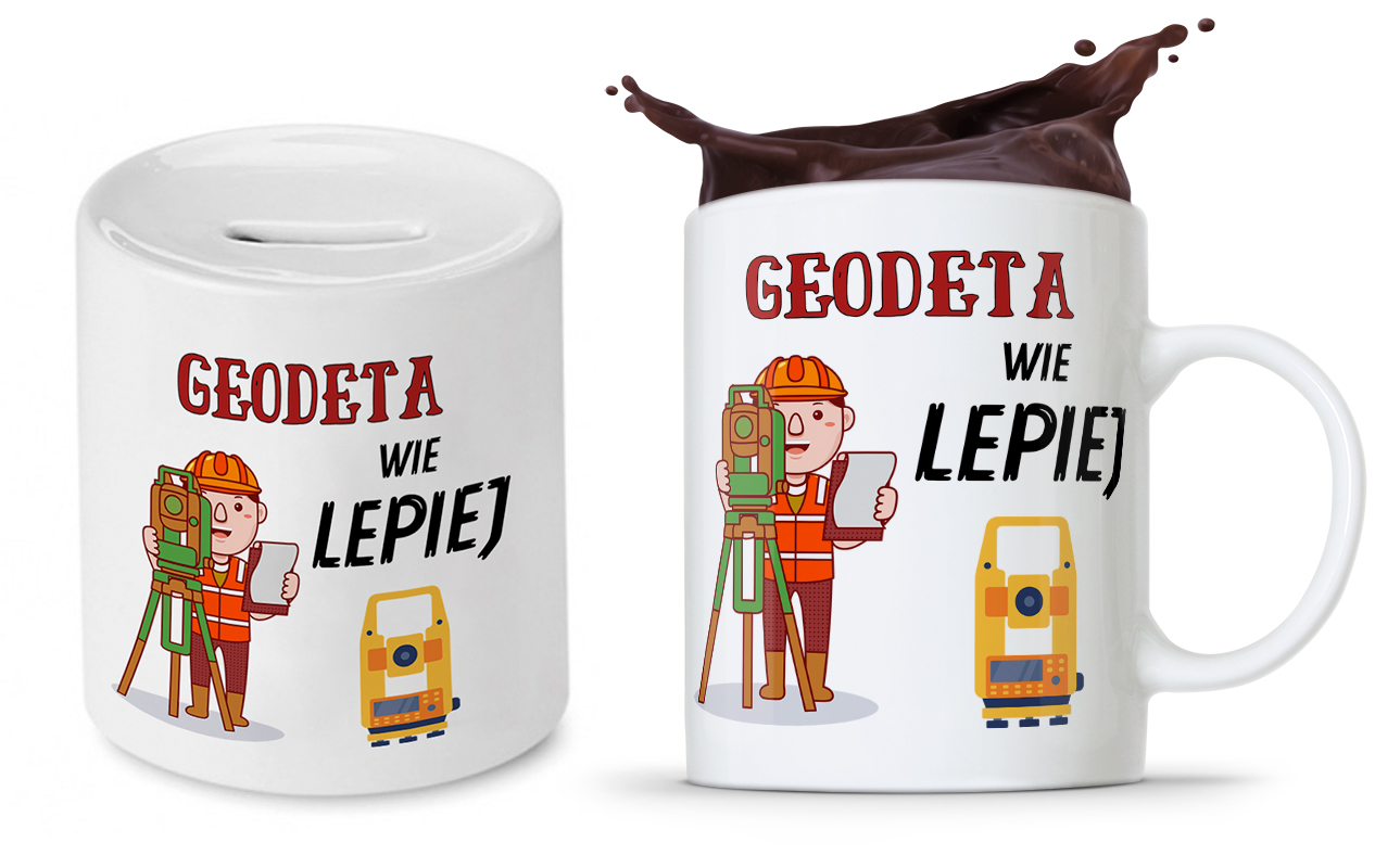 Dla Geodety Na Prezent Zestaw Kubek + Skarbonka Z Nadrukiem Ze Zdjęciem