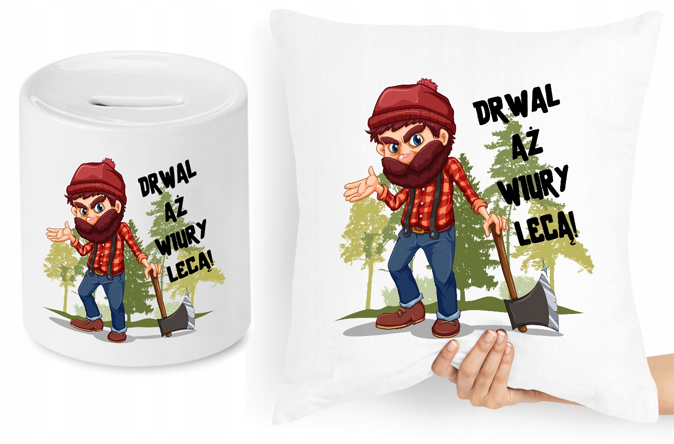 Dla Drwala Zestaw Poduszka + Skarbonka Prezent Z Nadrukiem Ze Zdjęciem
