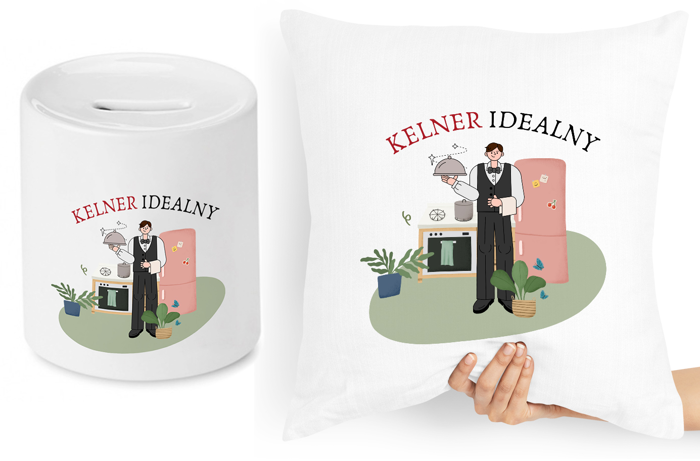 Dla Kelnera Zestaw Poduszka + Skarbonka Prezent Z Nadrukiem Ze Zdjęciem
