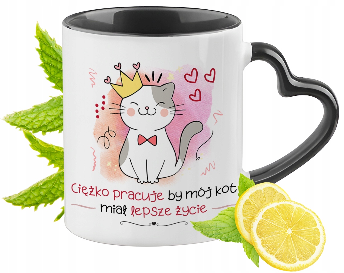 Kot Kotek Kotki Kubek Czarny Z Uszkiem W Kształcie Serca Na Prezent