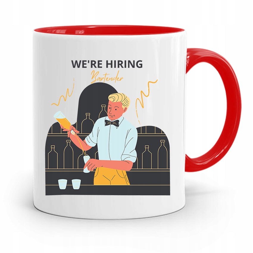 Kubek Czerwony Prezent Dla Barmana We're Hiring Z Nadrukiem Ze Zdjęciem