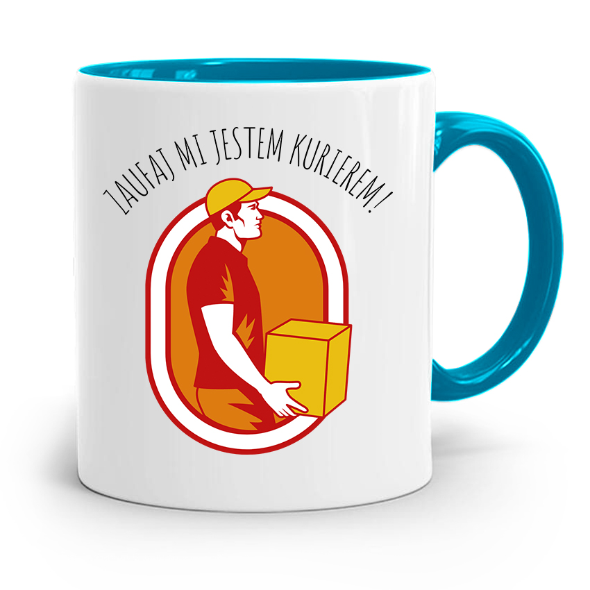 Kubek Błękitny Dla Kuriera Zaufaj Mi Jestem Z Nadrukiem Ze Zdjęciem