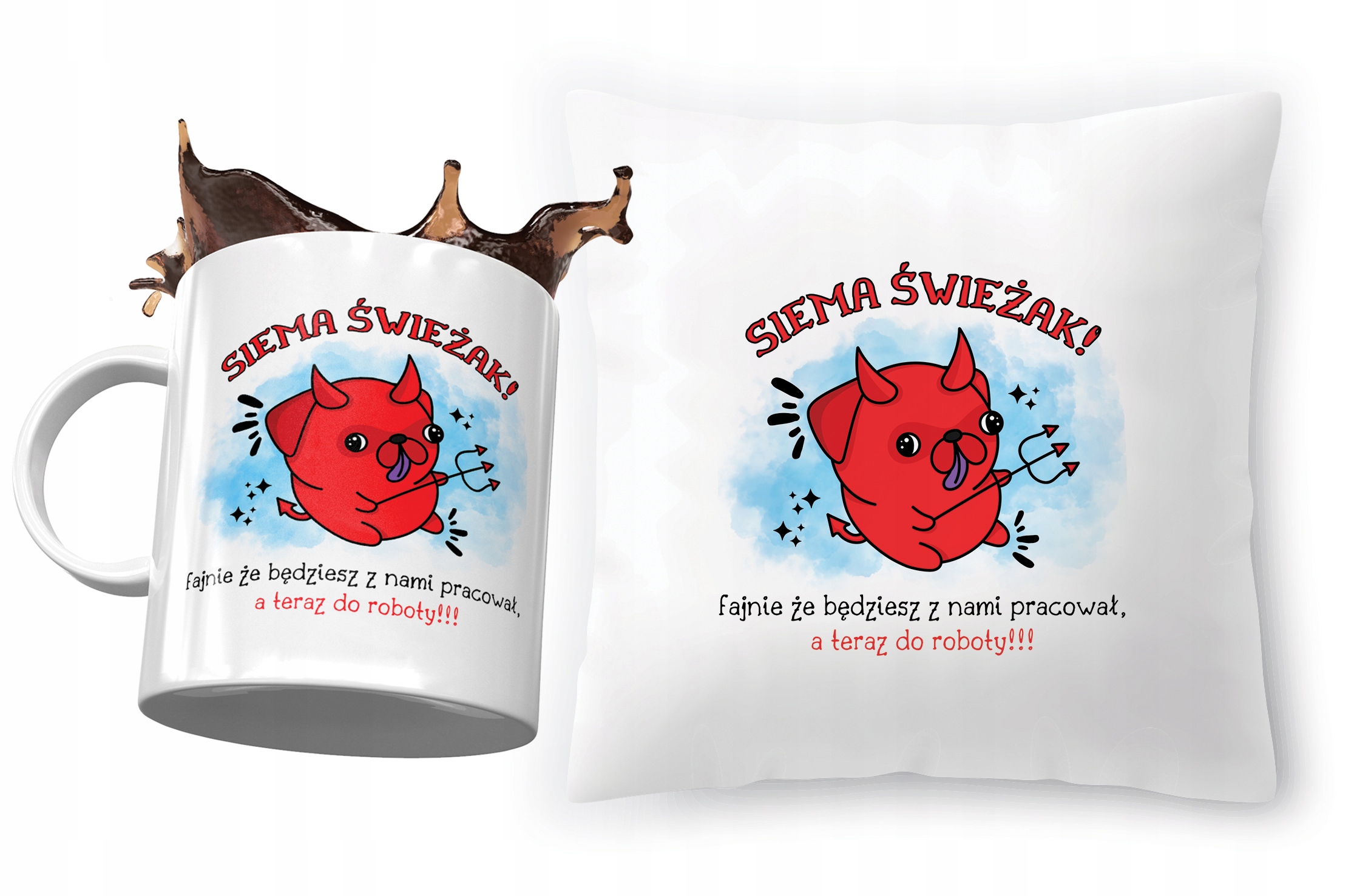 Zestaw Powitanie W Pracy Poduszka + Kubek Prezent Z Nadrukiem Ze Zdjęciem