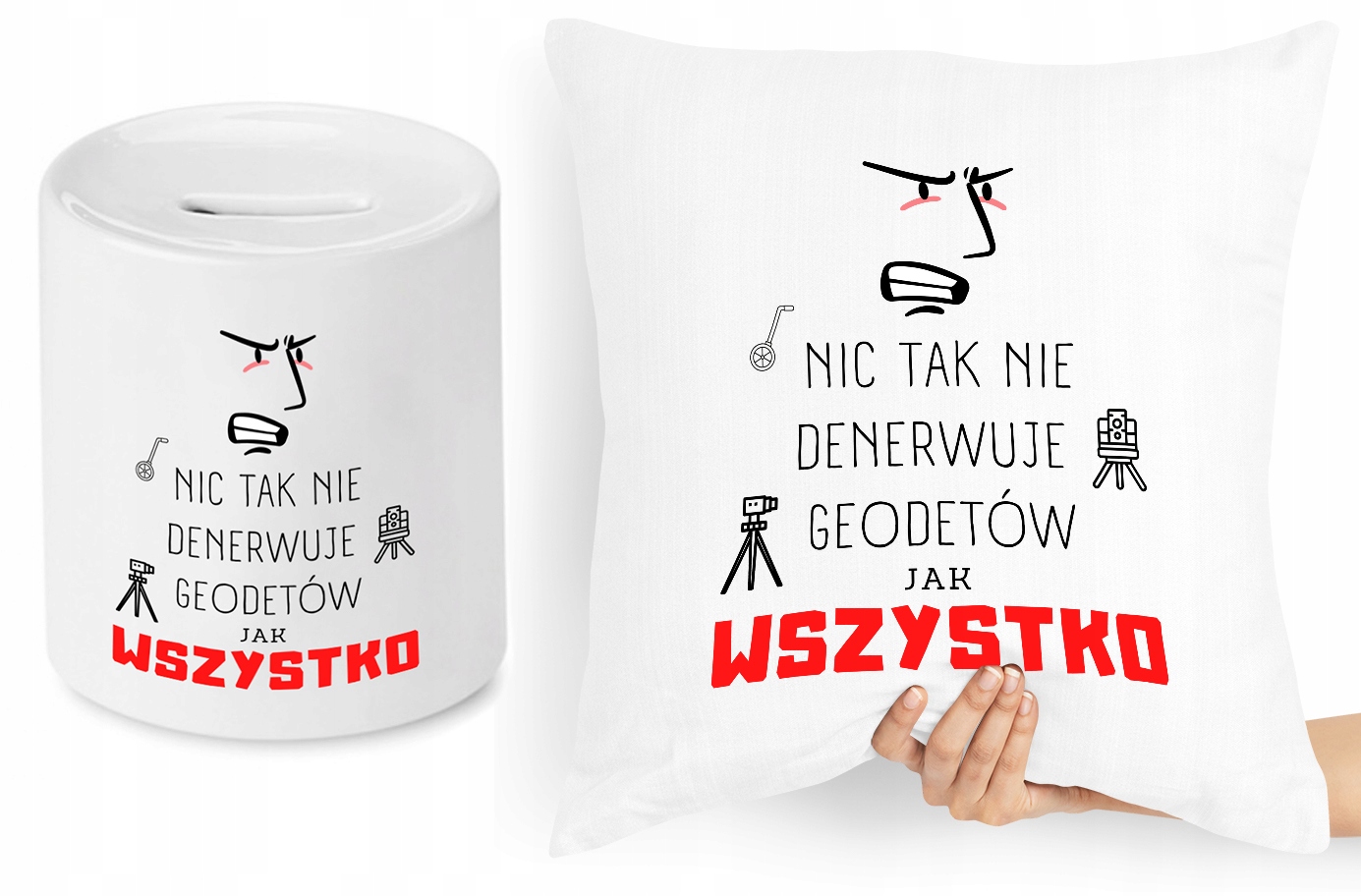 Dla Geodety Zestaw Poduszka + Skarbonka Prezent Z Nadrukiem Ze Zdjęciem