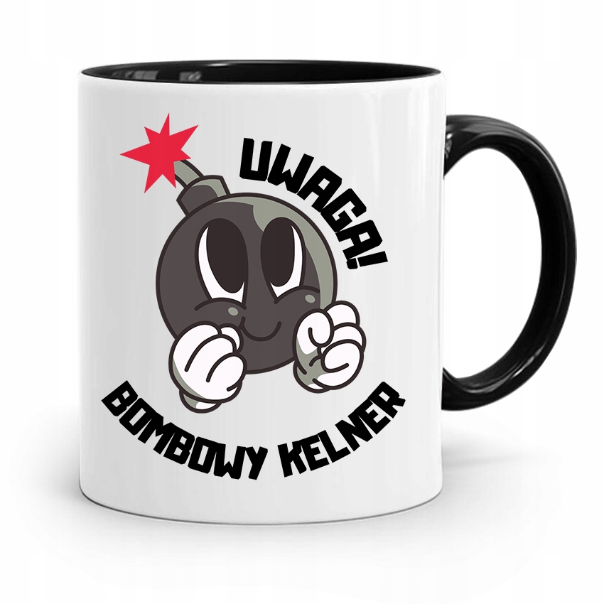 Dla Kelnera Kubek Czarny Uwaga Bombowy Kelner! Z Nadrukiem Ze Zdjęciem
