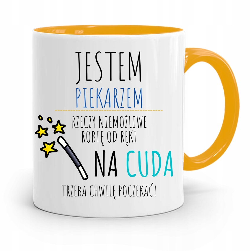 Kubek Żółty Dla Piekarza Na Cuda Trzeba Poczekać! Z Nadrukiem Ze Zdjęciem