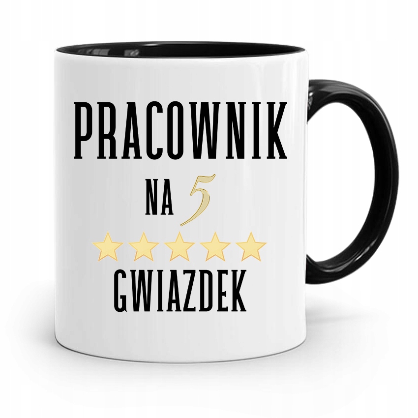 Dla Pracownika Kubek Czarny Robotnik Na 5 Gwiazdek Z Nadrukiem Ze Zdjęciem