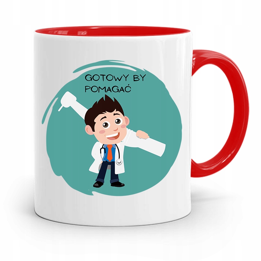 Kubek Czerwony Prezent Dentysty Gotowy By Pomagać Z Nadrukiem Ze Zdjęciem